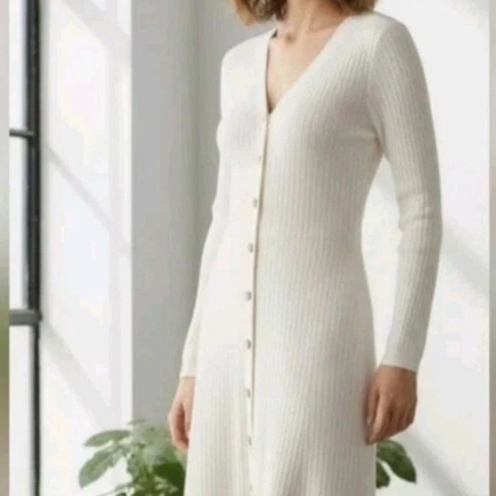 Lucky Brand DRESS Cream Button-Down Ivory Ribbed Body Con long sleeve